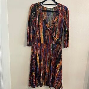 Vibrant Multicolor 3/4 Long Sleeve  Surplice Stretch A-Line Flattering Dress Lar